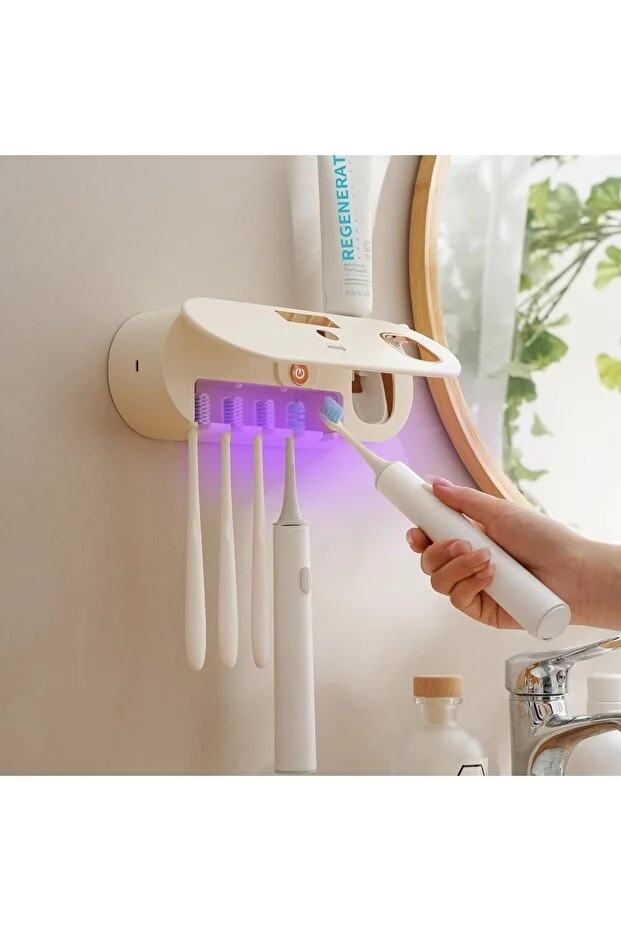  UV5F 1200mAh Şarj Edilebilir UV Sterilizatörü Diş Fırçası Sıkacağı ve Tutucusu - Bej